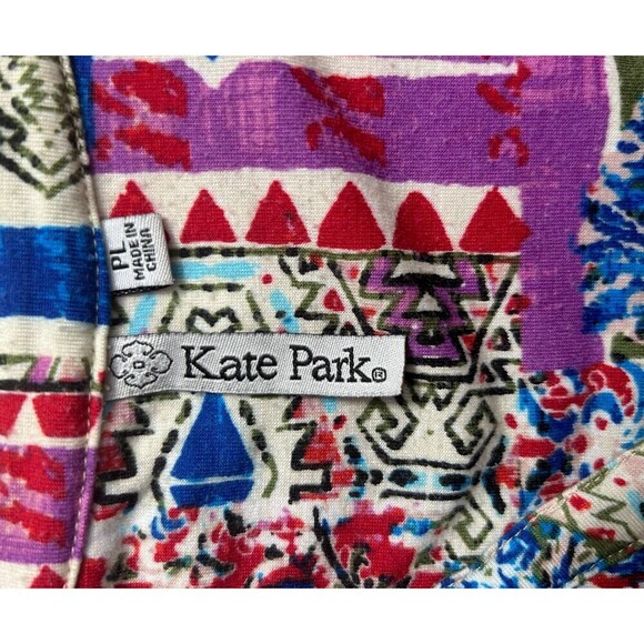 Kate Park PL Gray Cream Blue Boho Patchwork Tunic Top Artsy Retro Festival Chic - Picture 9 of 12